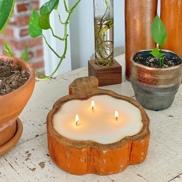Hand-Carved Wooden Pumpkin Bowl with Candle
