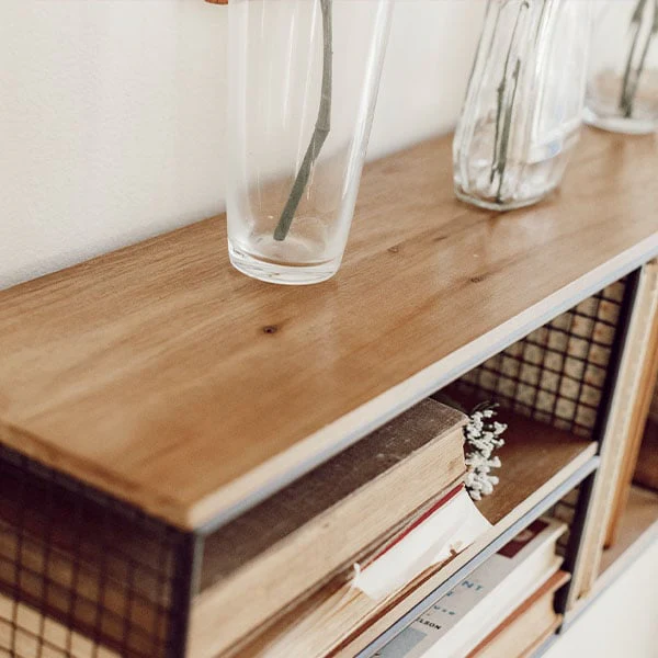 Wood Shelf With Four Wire Mesh Cubbies