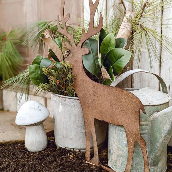 HUGE Rusted Patina Reindeer Yard Stakes, Set of 2