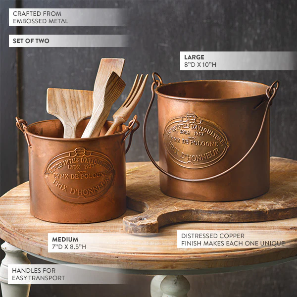 French Copper Finish Farming Buckets, Set of 2