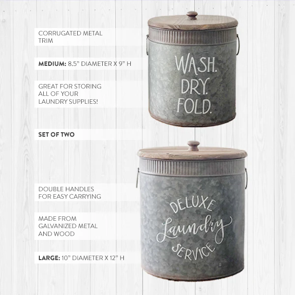 Galvanized Metal Deluxe Laundry Bins, Set of 2