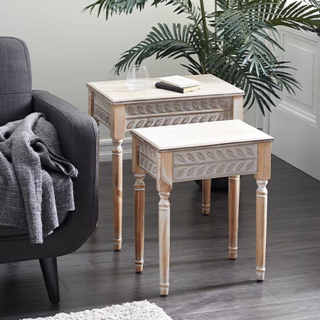 Carved Wooden Nesting Side Tables, Set of 2