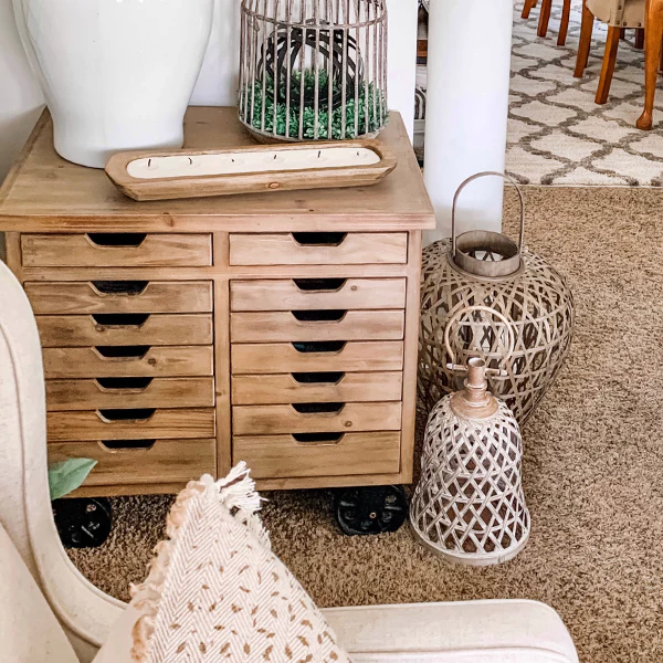 Rustic Rolling Wooden Cabinet with Drawers