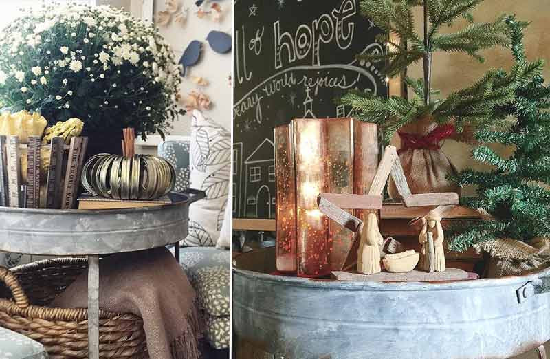 LARGE Galvanized Round Tray Tables  Set of 2