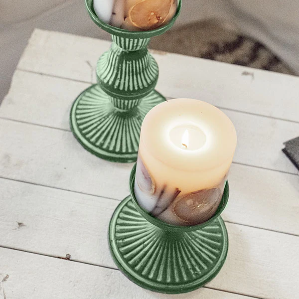 Distressed Antique Green Metal Candle Holders, Set of 2