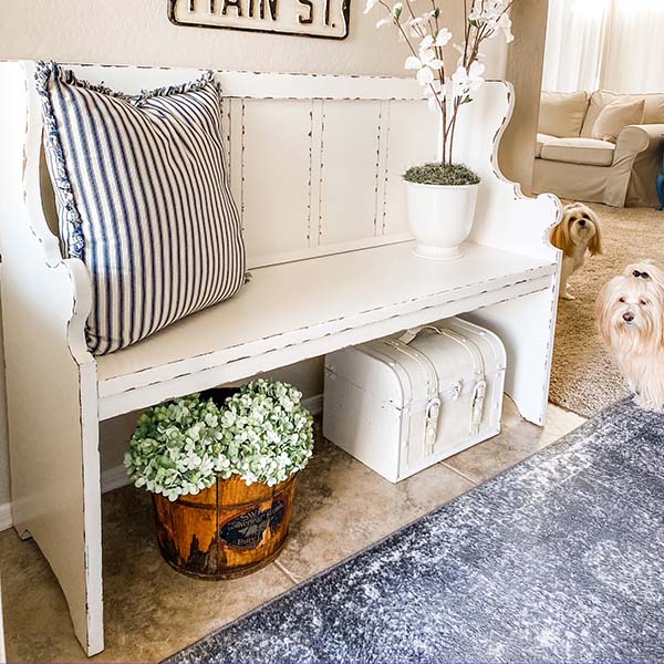 Distressed Ivory Pew Bench
