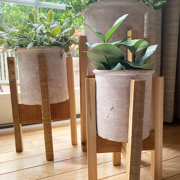 Handmade Clay Flower Pots with Recycled Wood Stands, Set of 3