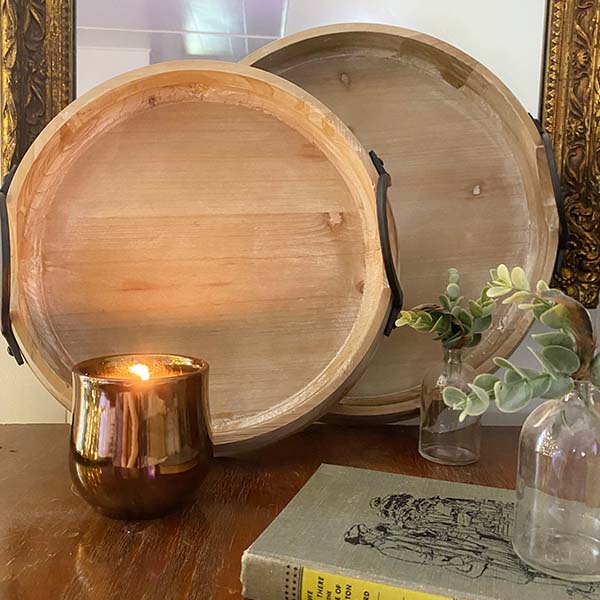 Rustic Round Wooden Trays with Handles, Set of 2