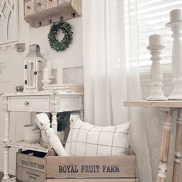 European Country Whitewashed Accent Table with Drawer