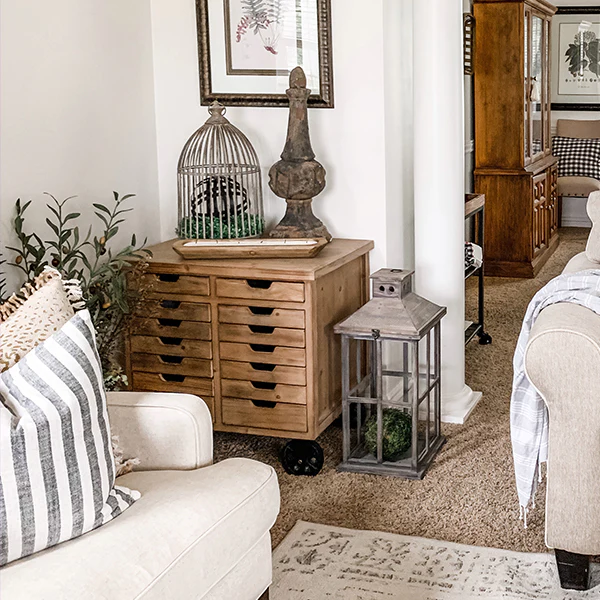 Rustic Rolling Wooden Cabinet with Drawers