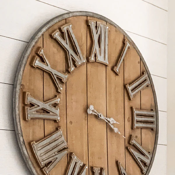 Wood and Galvanized Metal Roman Numeral Clock