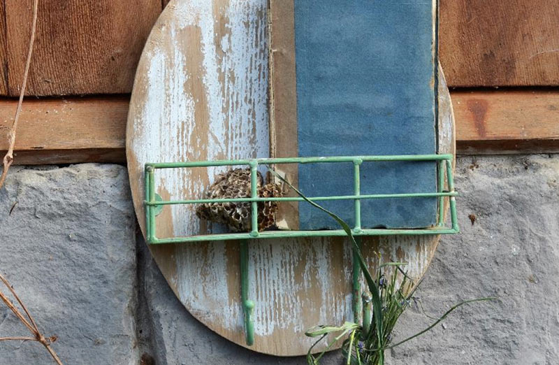 Wood Wall Shelf With Wire Basket  Vintage Farmhouse