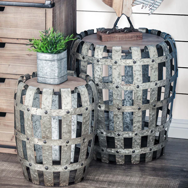 Woven Metal Drum Accent Table  Set of 2