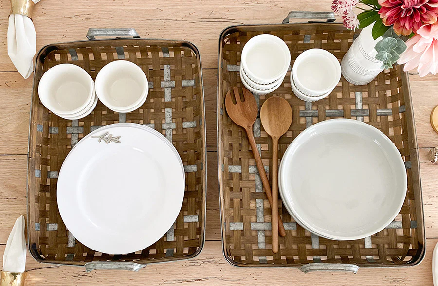 Woven Bamboo and Galvanized Metal Trays, Set of 2