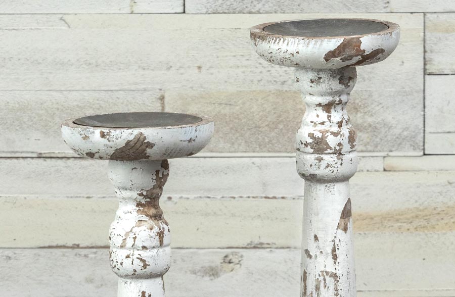 Chippy White Pillar Candle Holders, Set of 2