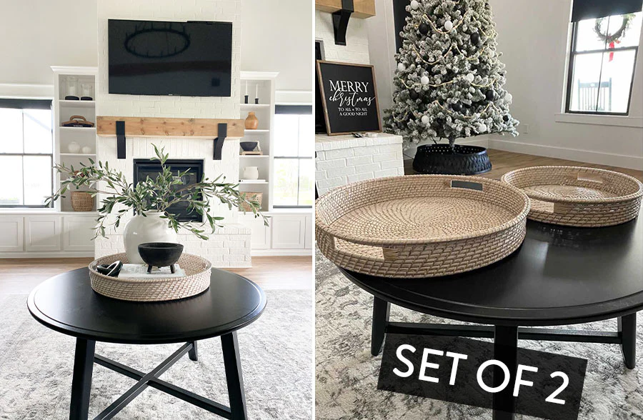 Large Round White Handwoven Bamboo Trays, Set of 2