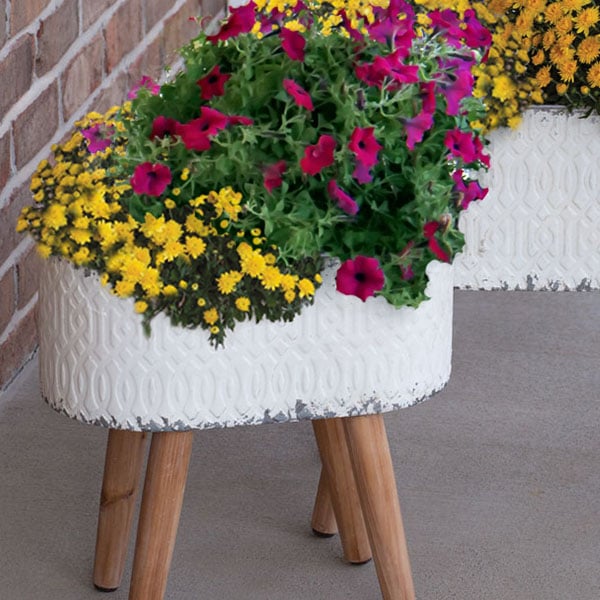Embossed Metal Planters with Wood Legs, Set of 2