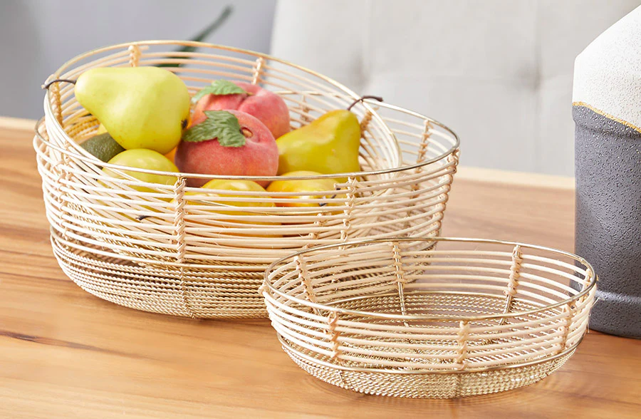 Round Coastal Metal and Bamboo Bowls with Gold Finish, Set of 3