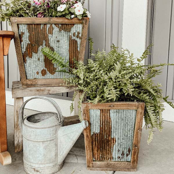Distressed Corrugated Metal and Wood Planters, Set of 2