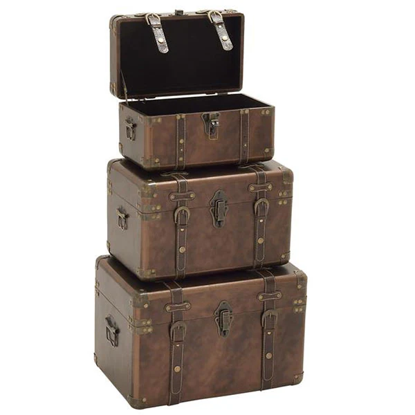 Brown Leather Traditional Trunks, Set of 3