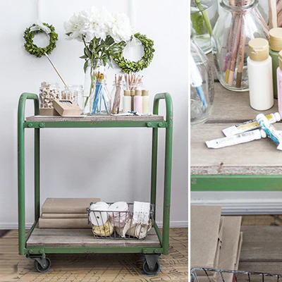 Distressed Wood and Metal Rolling Cart