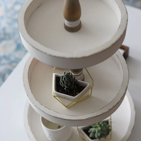 Distressed White Wood Tiered Tray
