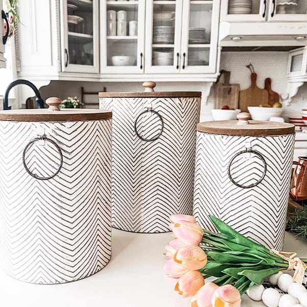 HUGE Textured Iron Canisters with Wooden Lids, Set of 3