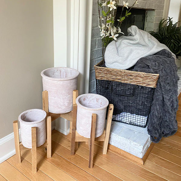 Handmade Clay Flower Pots with Recycled Wood Stands, Set of 3