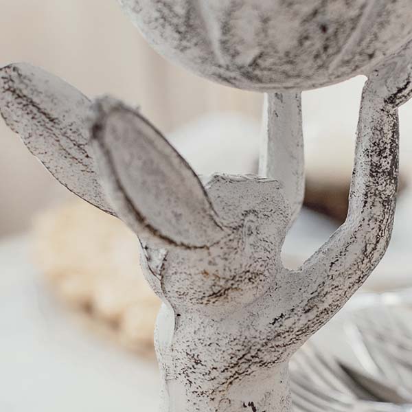 Distressed Antique White Cast Iron Rabbit Bird Feeder