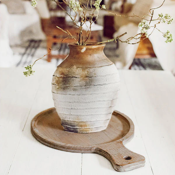 Round Whitewashed Wooden Trays with Handles, Set of 3