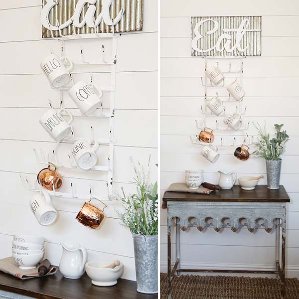 Wall Mounted White Distressed Metal Mug Rack