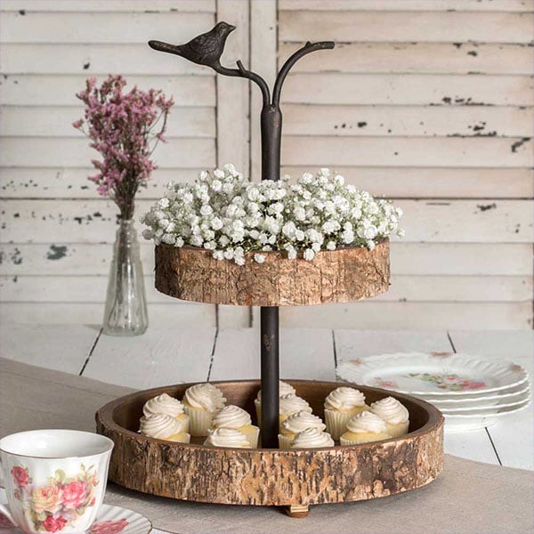 Bird and Birch Wood Two Tiered Tray