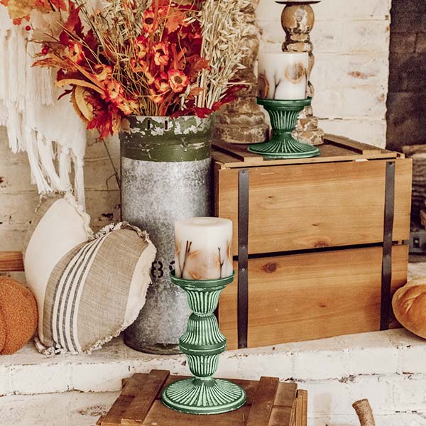 Distressed Antique Green Metal Candle Holders, Set of 2