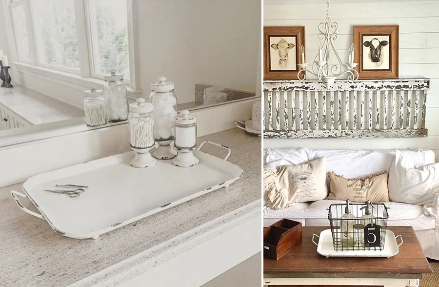 Distressed White Metal Trays, Set of 3