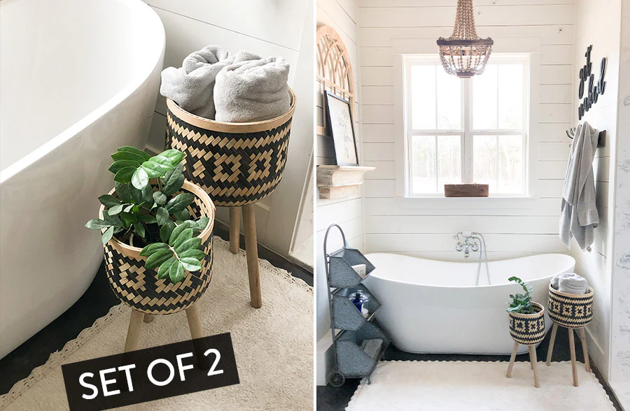 Woven Bamboo Plant Stands with Wooden Legs, Set of 2