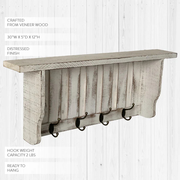 Distressed Mudroom Wall Shelf with Hooks