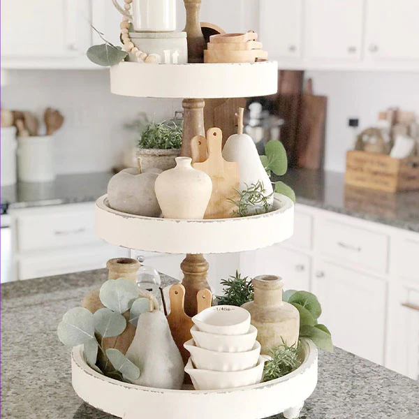 Distressed White Wood Tiered Tray