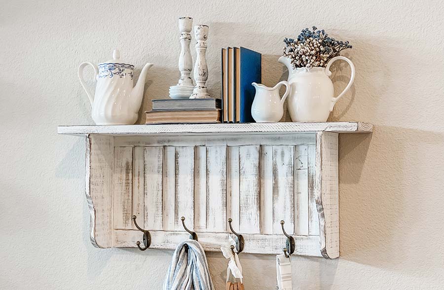 Distressed Mudroom Wall Shelf with Hooks