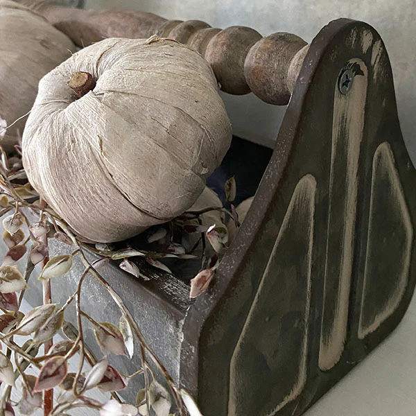 Rusted Patina Galvanized Metal Caddy with Wood Spindle Handle