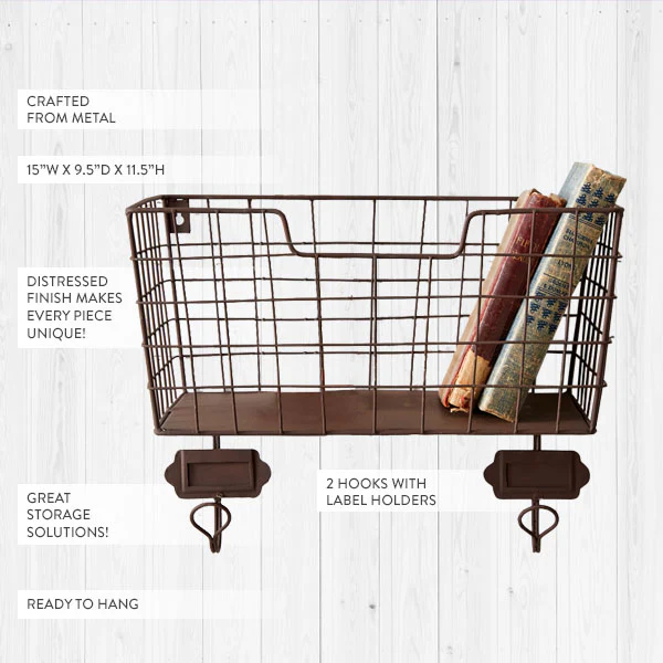 Rustic Mail Basket with Two Hooks