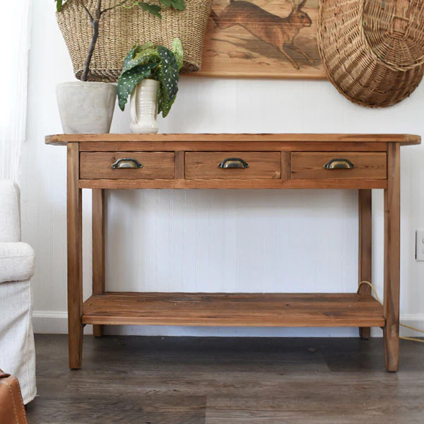 Natural Wood Console Table, Weathered with Drawers, Farmhouse