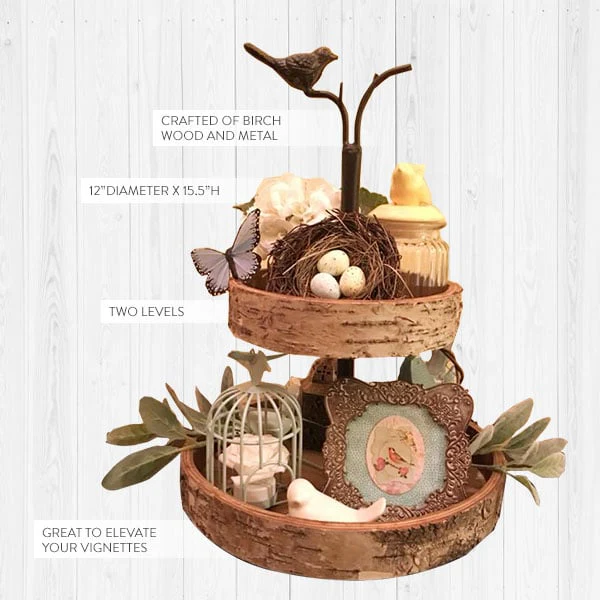 Bird and Birch Wood Two Tiered Tray