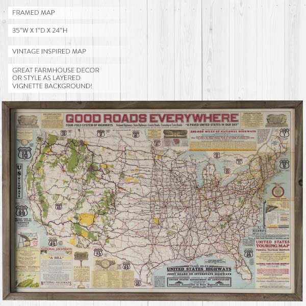 Vintage Inspired Good Roads Everywhere Framed Map