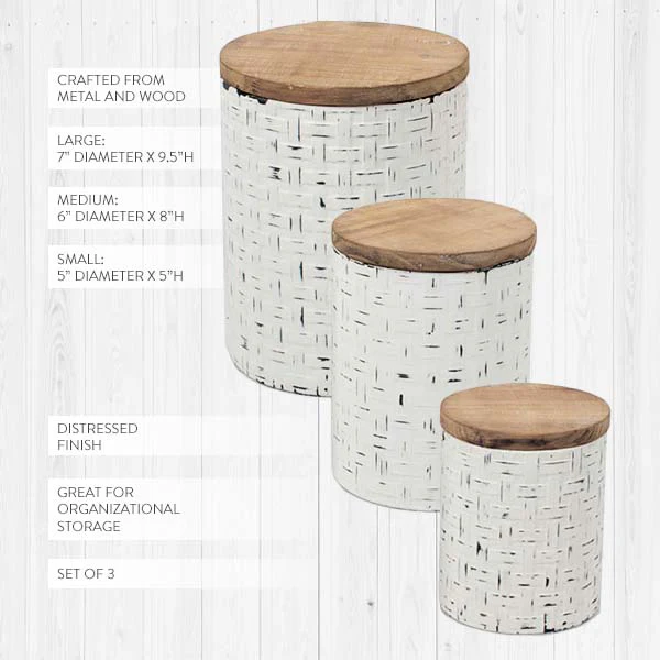 Woven Texture Distressed Canisters with Lids, Set of 3
