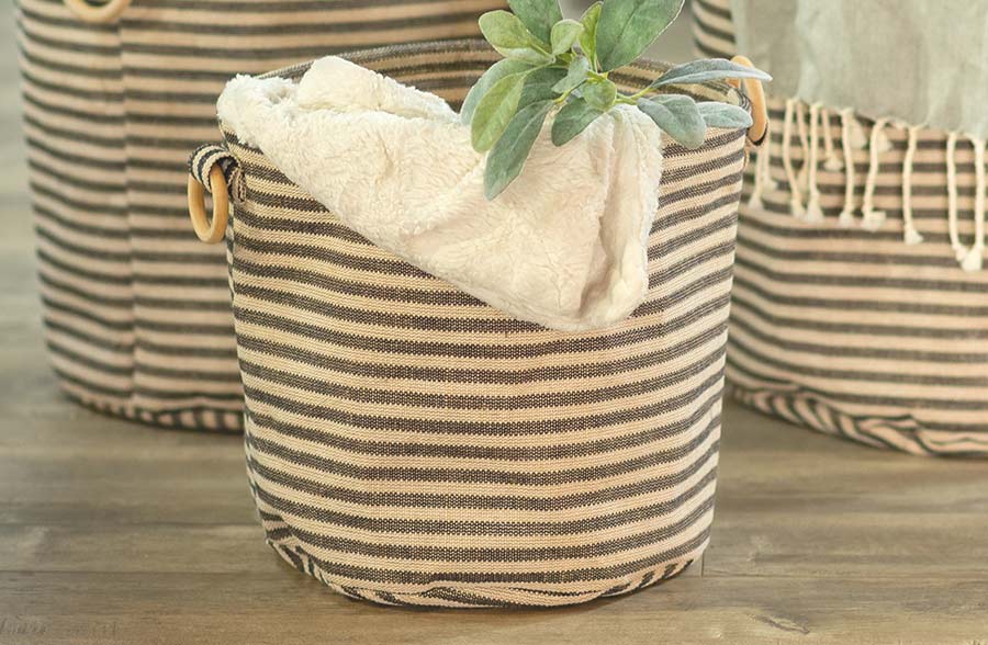 Striped Canvas Baskets with Wood Handles, Set of 3