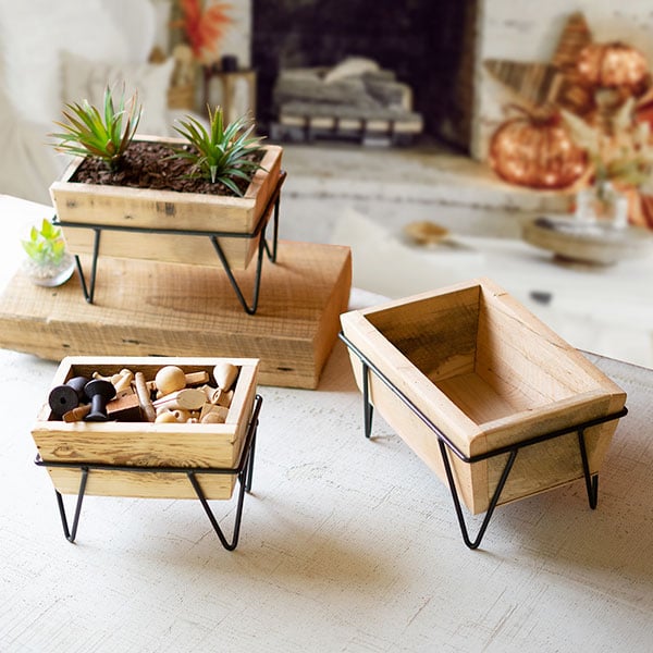 Recycled Wood Planters on Iron Bases, Set of 3