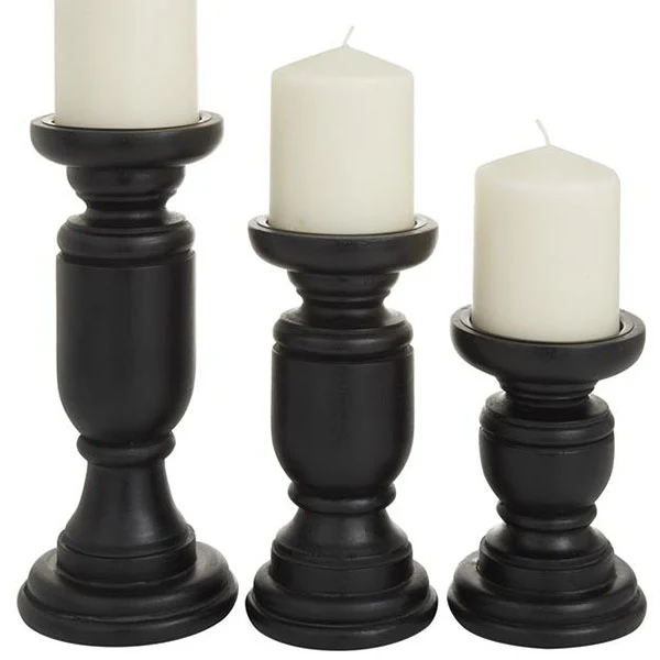 Black Wooden Spindle Candle Holders, Set of 3