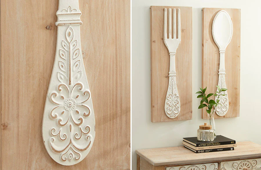 Embossed Wooden Fork and Spoon Wall Decor, Set of 2
