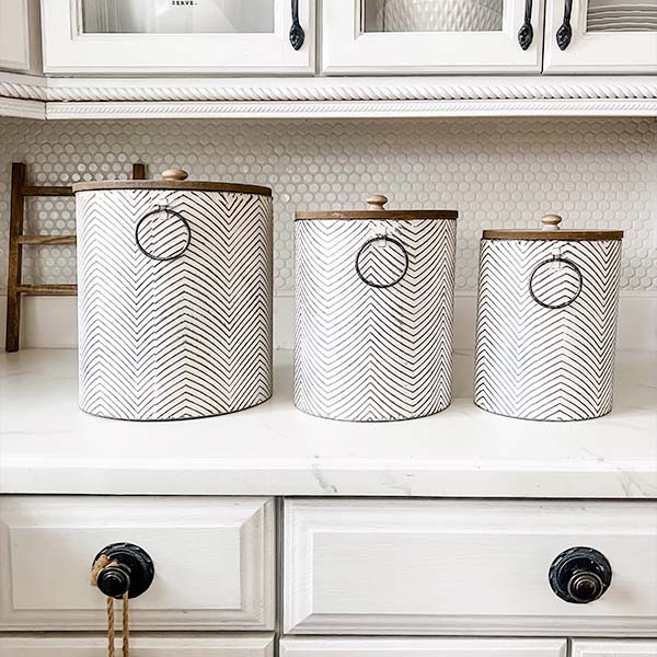 HUGE Textured Iron Canisters with Wooden Lids, Set of 3