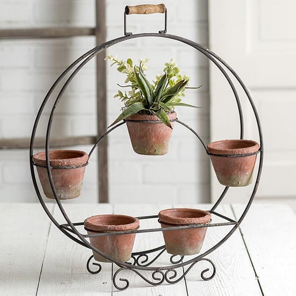 Round Plant Stand with Terracotta Pots